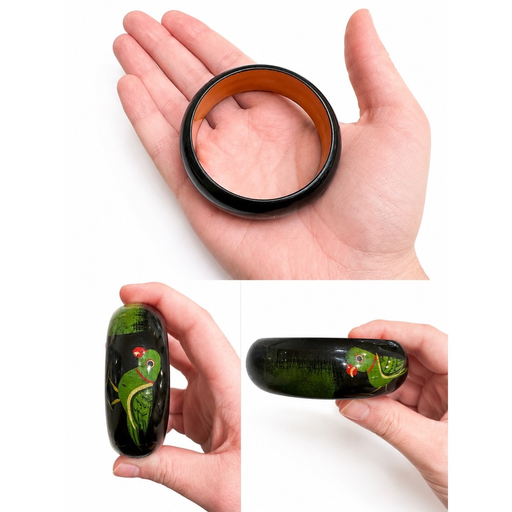 Vintage Hand Painted Wooden Parrot Bangle Bracelet Black Green Folk Art Boho - Picture 2 of 4